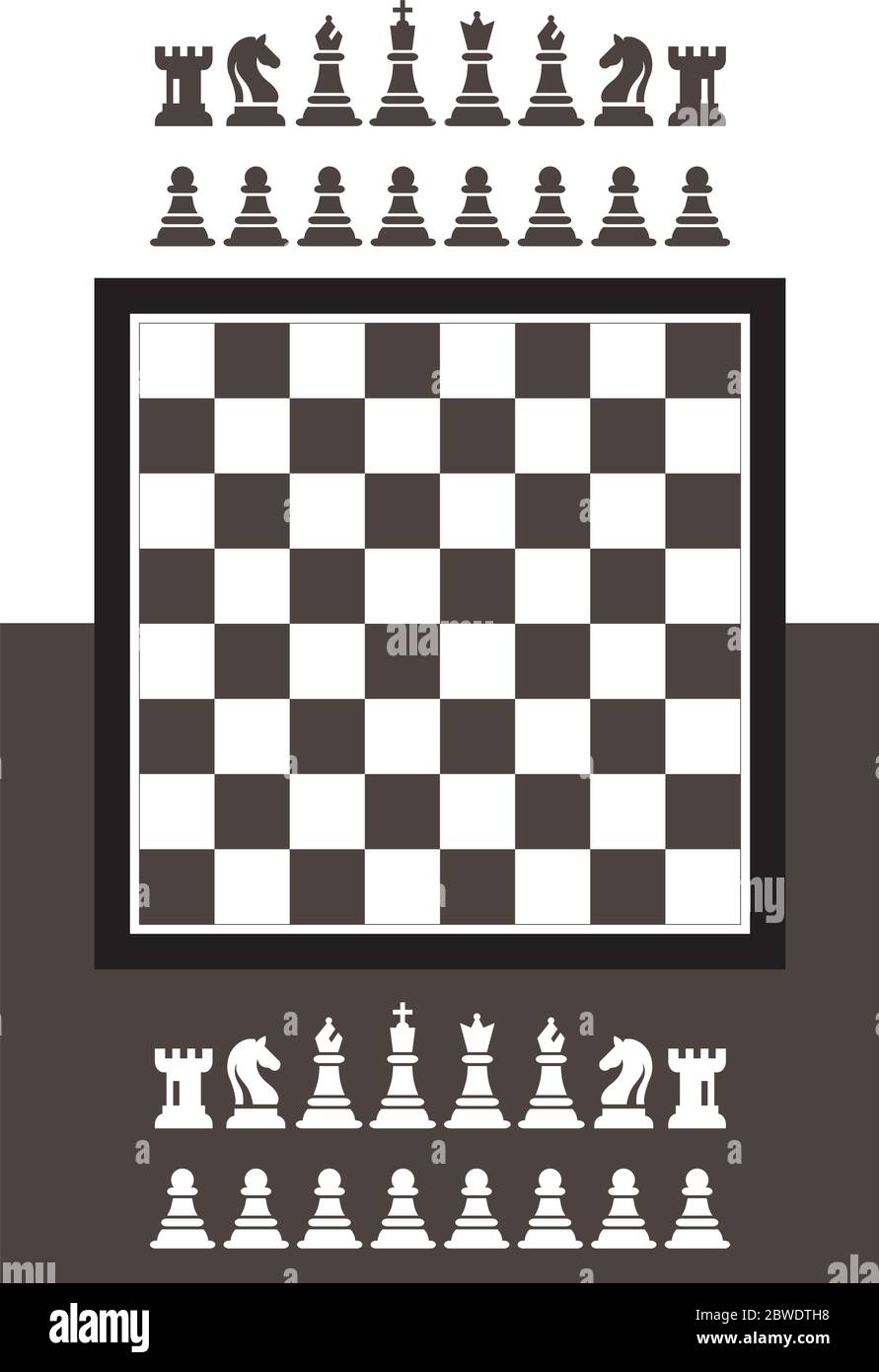 Schach Spiel Vector Illustration im flachen Stil. Schachfiguren König, Königin, Bischof, der Ritter, Turm, Bauer. Schachbrett Abbildung. Schachbrett Hintergrund. Stock Vektor