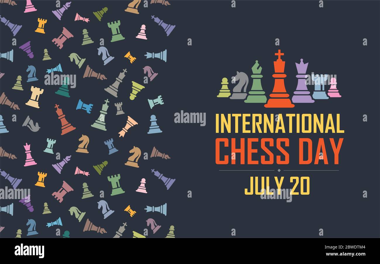 International Chess Tag Vector Illustration auf dunklem Hintergrund. Figurine einschließlich König, Königin, Bischof, der Ritter, Turm, Bauer. Stock Vektor