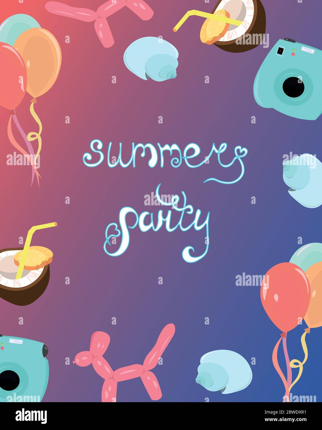 Sommerparty. Erholung und Unterhaltung. Cocktails, Muscheln und Bälle. Design für Grußansage, Flyer und Print. Stock Vektor