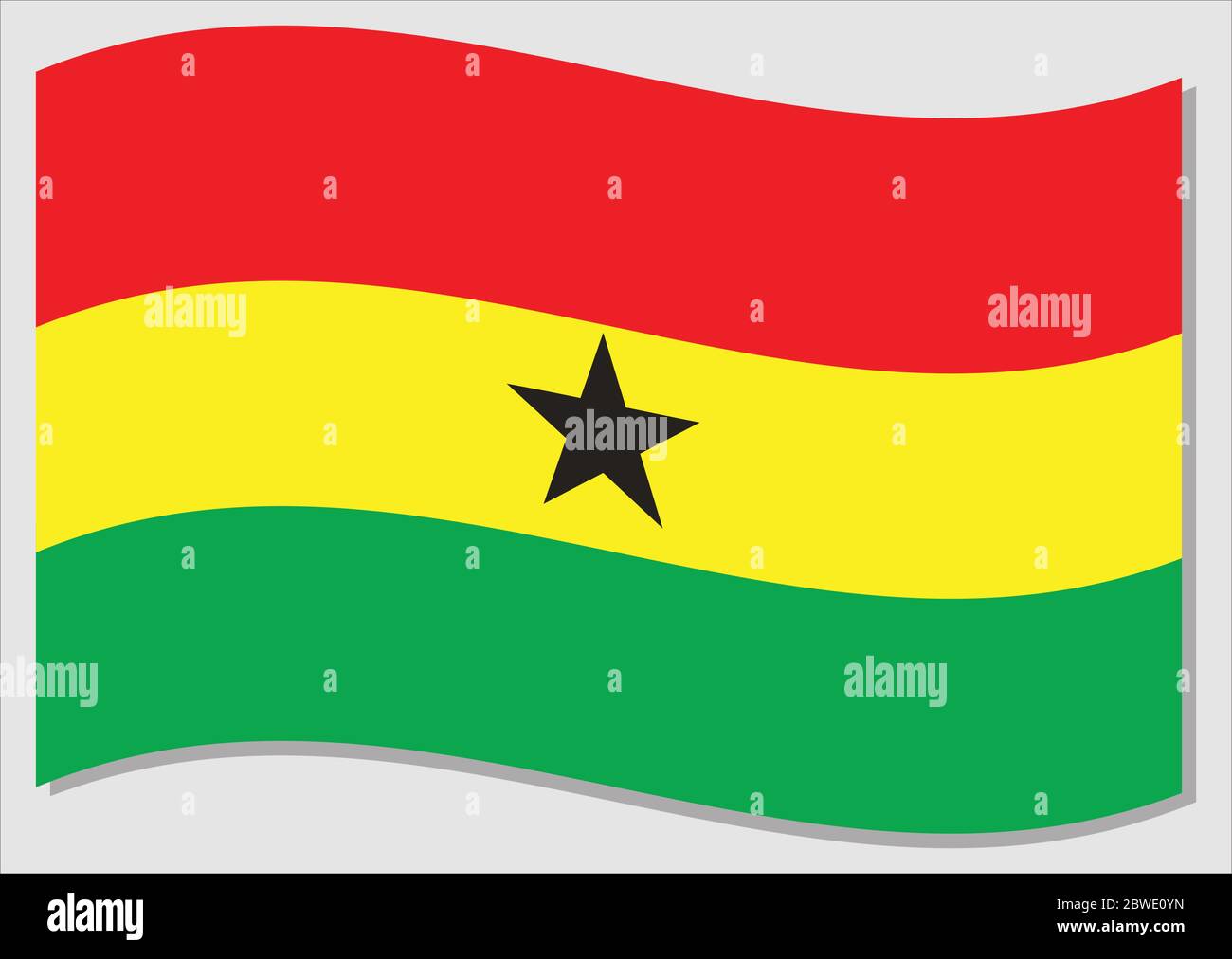 Winkende Flagge von Ghana Vektorgrafik. Wehende ghanaische Flagge Illustration. Ghana-Landesflagge wavin im Wind ist ein Symbol für Freiheit und Unabhängigkeit. Stock Vektor