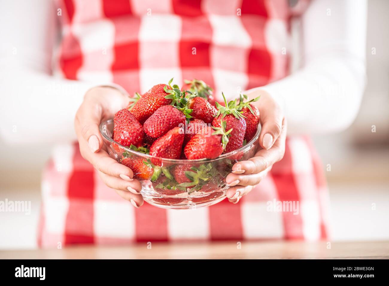 Detail der Hände der Frau, die eine Schüssel voll frischer Erdbeeren hält Stockfoto