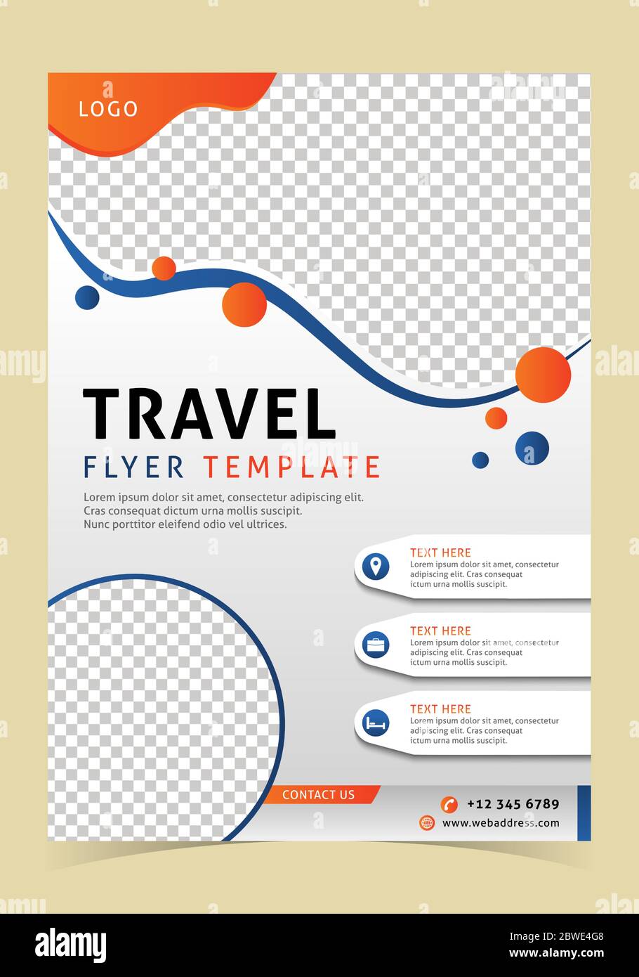 Flyer für Urlaub, Sommerurlaub und Tourismus, Vorlage, Poster-Design für Sommerurlaub, Reise und Reise mit Text und zwei Fotos. Stock Vektor