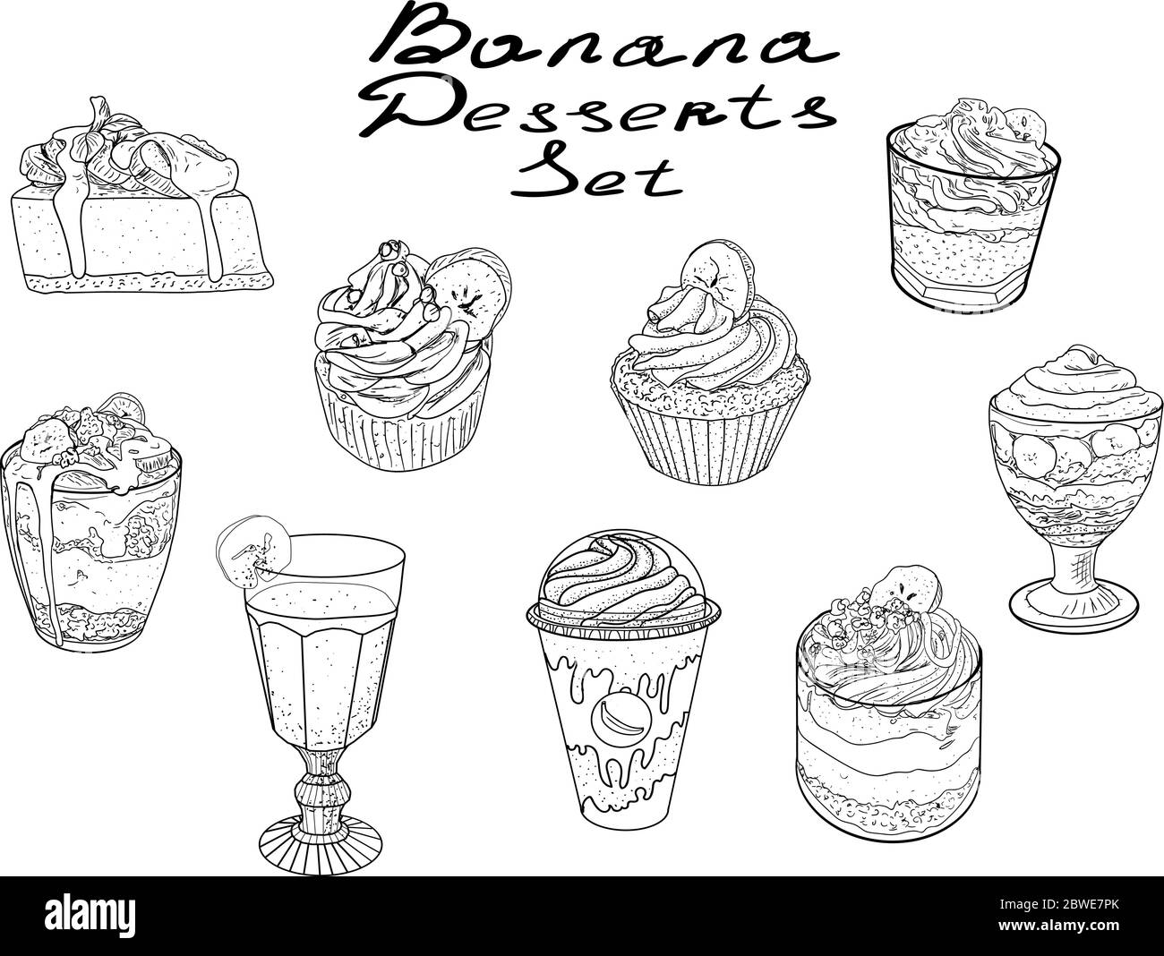 Satz von Bananen Desserts schwarze Linien Vektor-Illustration Stock Vektor