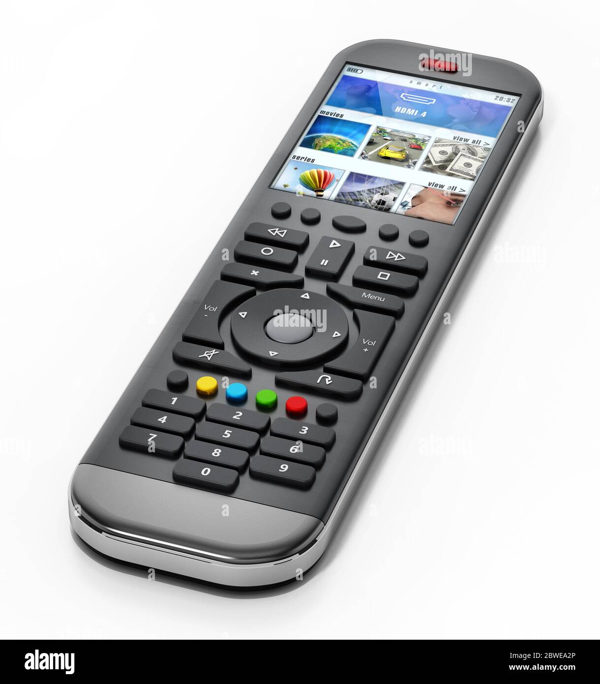 Generische moderne Smart TV Fernbedienung mit Farbdisplay. 3D-Darstellung. Stockfoto