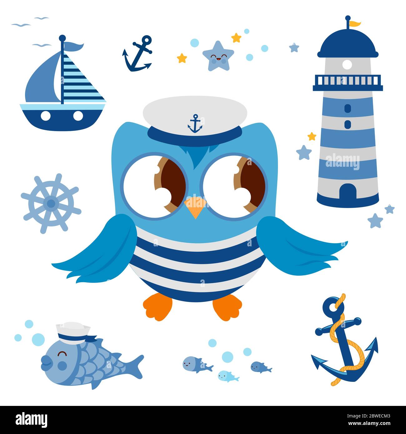 Niedliche Segler-Eulen-Vogel- und Segelparty-Designelemente in blauen Farben. Boot, Ruder und Fisch für den Sommer, Ozean und nautische Geburtstage für Kinder. Stockfoto