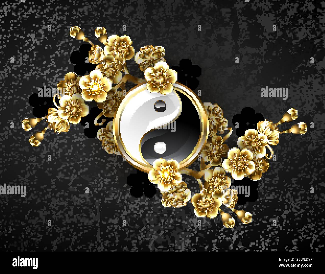 Schmucksymbol Yin Yang, verziert mit Zweigen blühender Sakura in glänzendem Gold auf schwarzem texturiertem Hintergrund. Stock Vektor