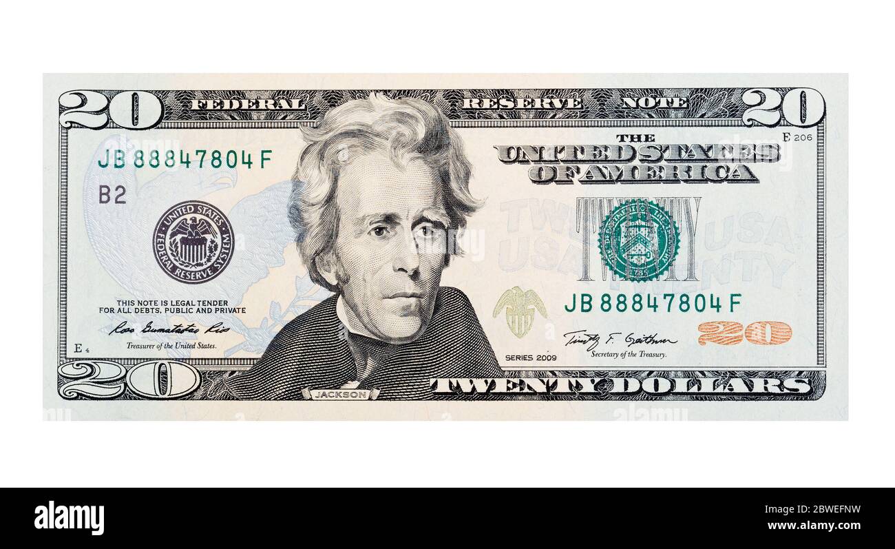 Zwanzig US-Dollar isoliert auf weißem Hintergrund. Stockfoto