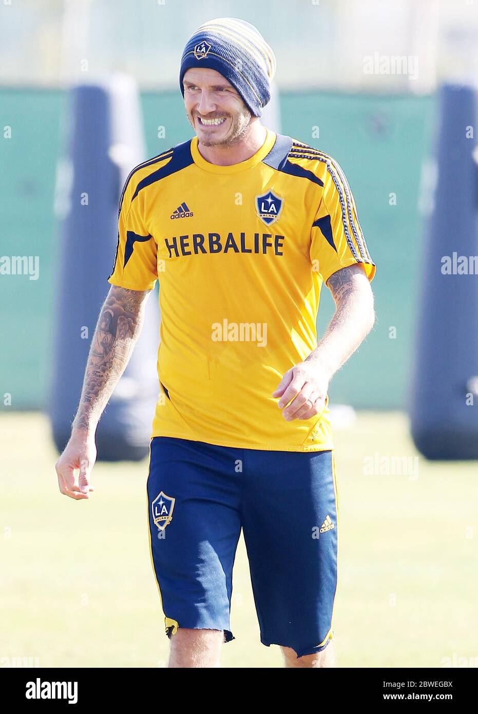 David Beckham hat Eis auf seine Leistengegend von einer Trainerin während einer Los Angeles Galaxy Trainingseinheit angewendet. David kamen die Söhne Romeo und Cruz, Carson, Kalifornien, hinzu.21. November 2012 Stockfoto