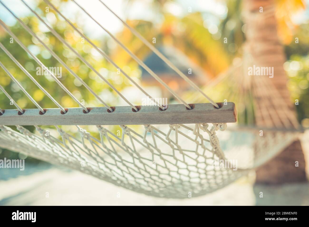 Hängematte am Strand, verschwommenes tropisches Naturmuster. Palmen und sonniges Wetter. Traum Entspannen Sie sich ruhigen Lebensstil, reisen exotischen Ziel Stockfoto