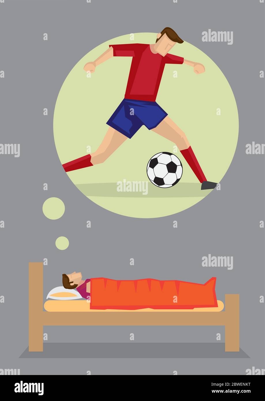 Cartoon Mann auf seinem Bett liegend denken über ein Fußballspieler. Vektor-Illustration über Träume und Aspiration Konzept isoliert auf grauem Hintergrund Stock Vektor