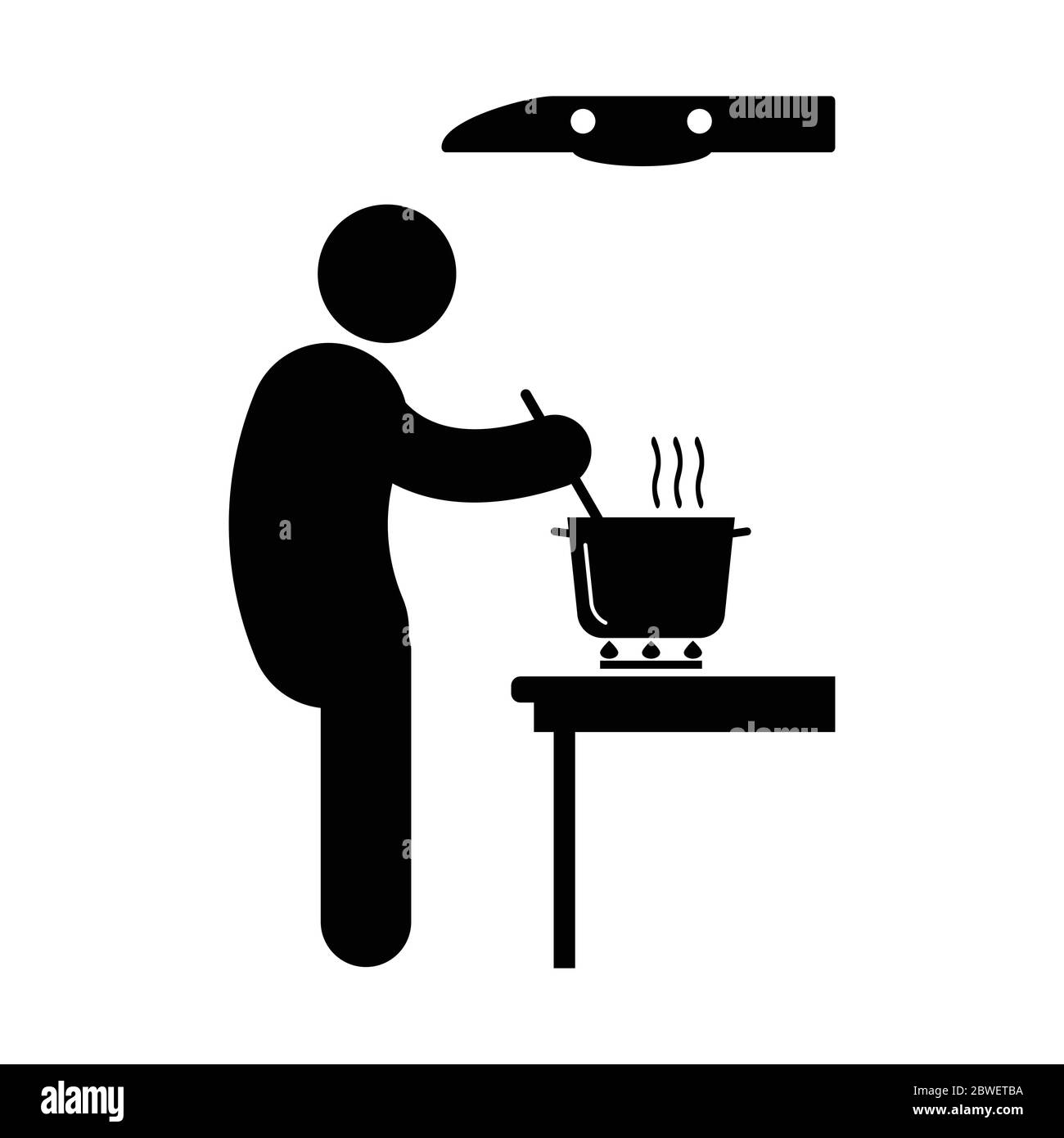Kochen Über Herd Stick Figur. Schwarz-weißes Piktogramm, das den Mann darstellt, der im Topf über dem Feuerofen kocht, mit Entlüftung oben. Vektordatei Stock Vektor