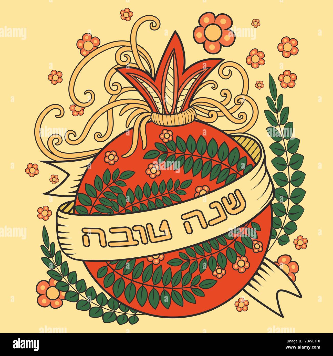 Rosh hashanah - Jüdisches Neujahrsgrußkarte Design mit rotem Granatapfel - Feiertag-Symbol. Grußtext auf Hebräisch haben ein gutes Jahr. Handgezeichnete Vektorgrafik. Stock Vektor