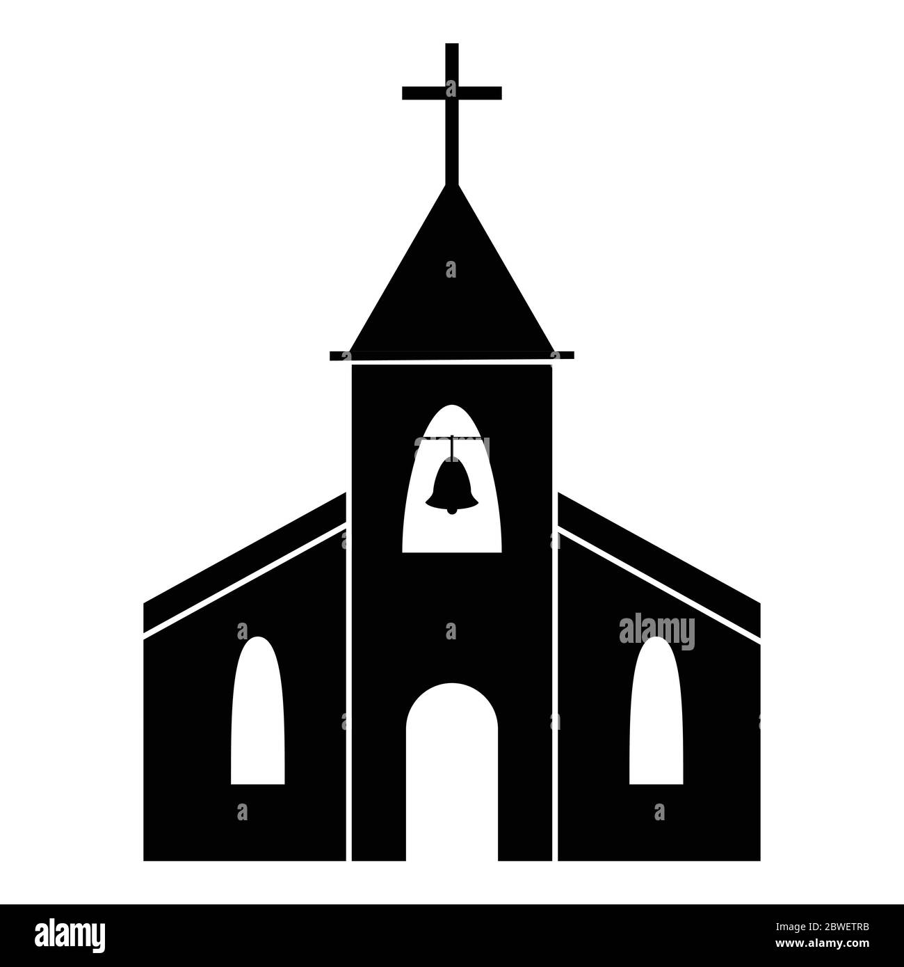 Kirche Symbol. Schwarz-weißes Piktogramm mit christlicher Kirche mit Kreuz und Glocke. Ort der Anbetung. Vektordatei Stock Vektor