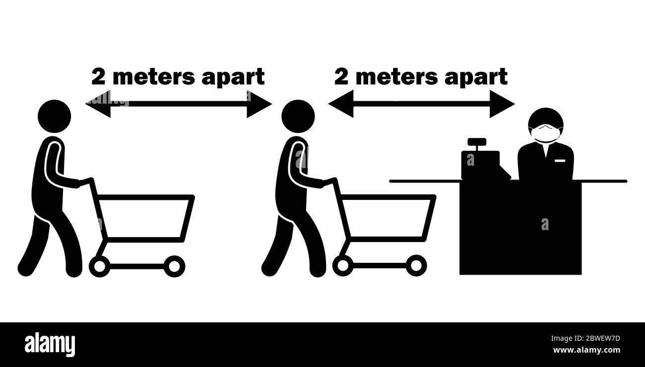 Soziale Distanzierung 2 Meter m Apart Stick Figur mit Cart Trolley an der Kasse Kasse Kasse. Vektordatei Stock Vektor