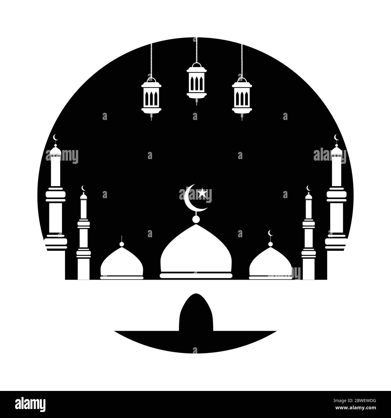 Moschee mit drei Laternen geschnitten schwarzen Kreis. Schwarz-weißes Piktogramm mit Darstellung der muslimischen Festtage Ramadan. EPS-Vektor Stock Vektor