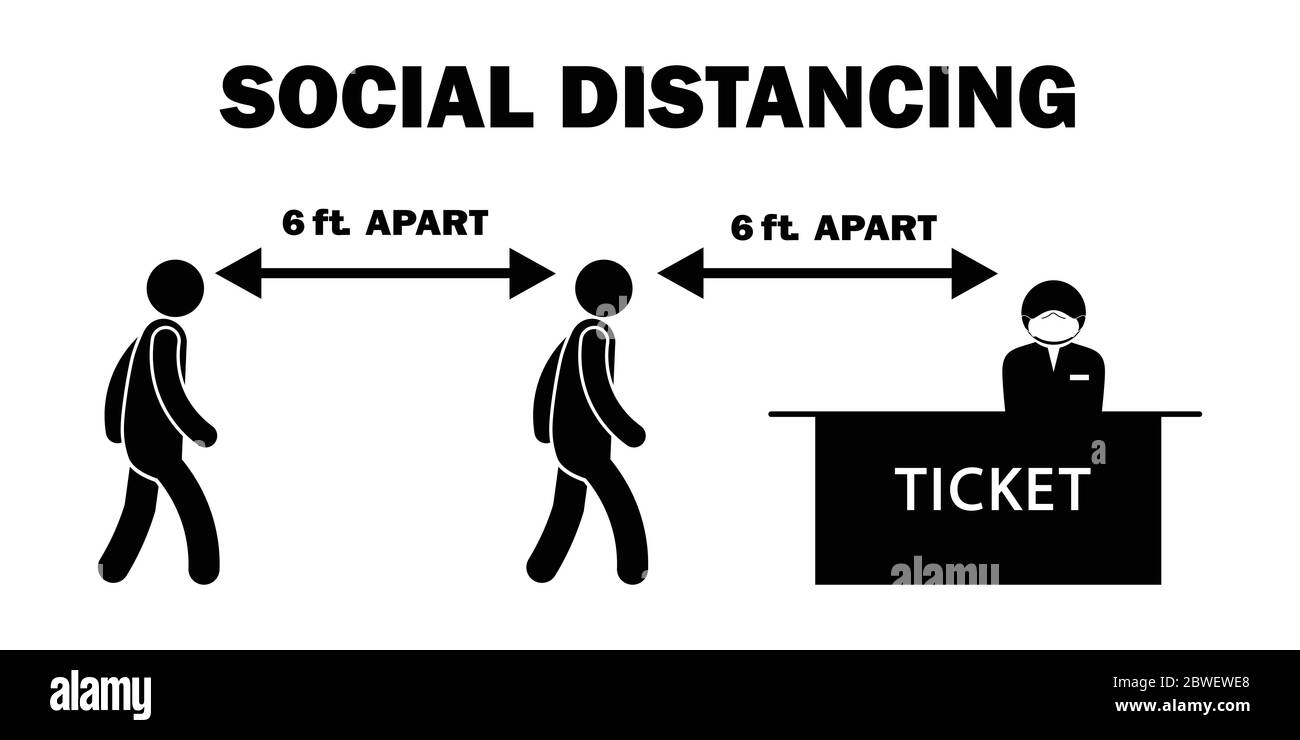 Social Distancing 6ft Feet Apart Stick Figur am Ticket Counter Line Queue mit Maske. Vektordatei in Schwarz und Weiß Stock Vektor