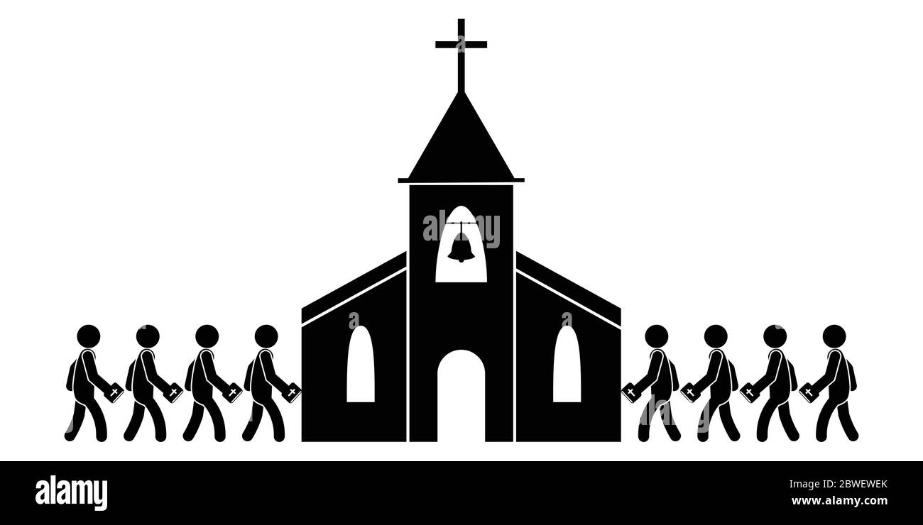 Menschen gehen in die Kirche. Schwarz-weiß Piktogramm zeigt Menschen Teilnahme Gottesdienst Masse halten Heilige Bibel. Vektordatei Stock Vektor