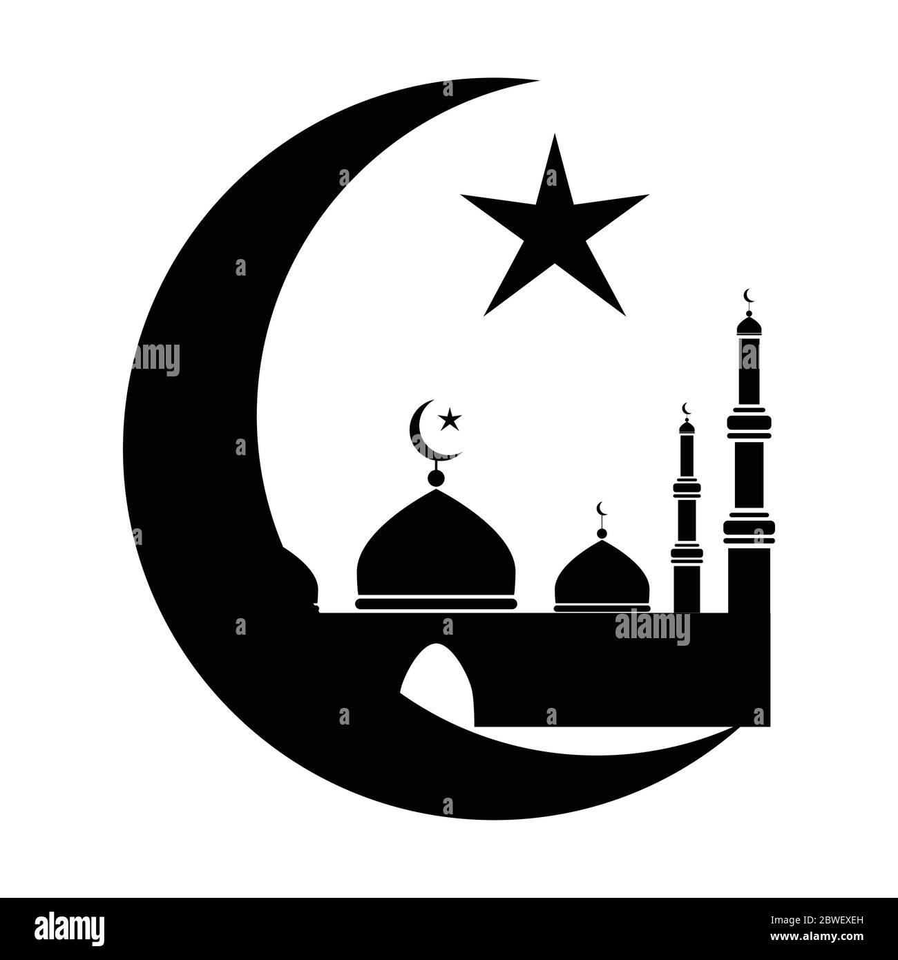 Moschee mit Halbmond und Stern. Schwarz-weißes Piktogramm mit Darstellung der islamischen Moschee Kultstätte. EPS-Vektor Stock Vektor