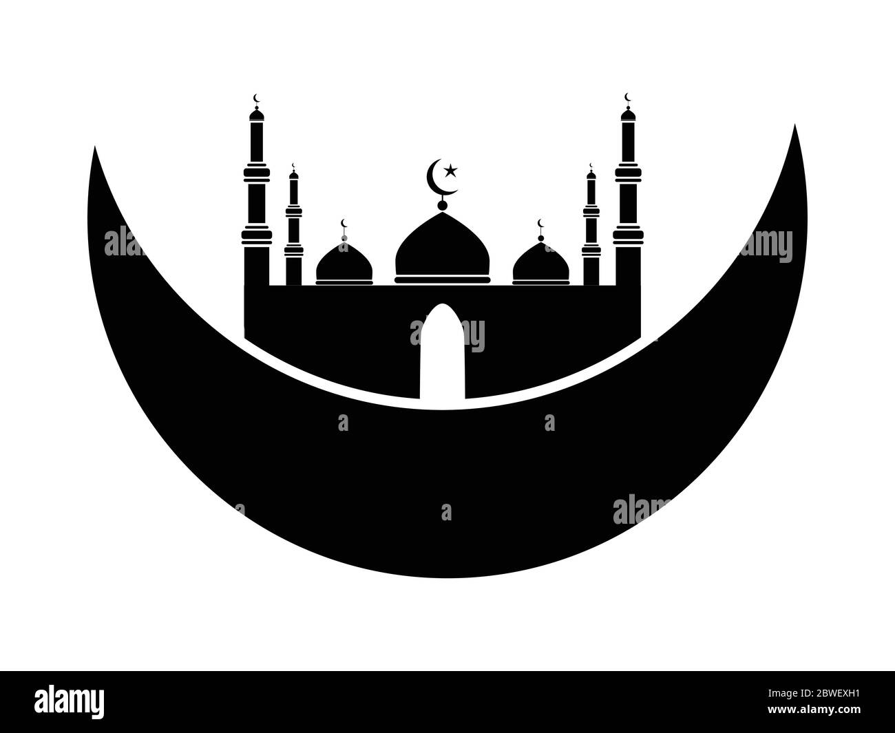 Islamische Moschee mit Halbmond darunter. Schwarz-weißes Piktogramm mit Moschee und Halbmond. EPS-Vektor Stock Vektor
