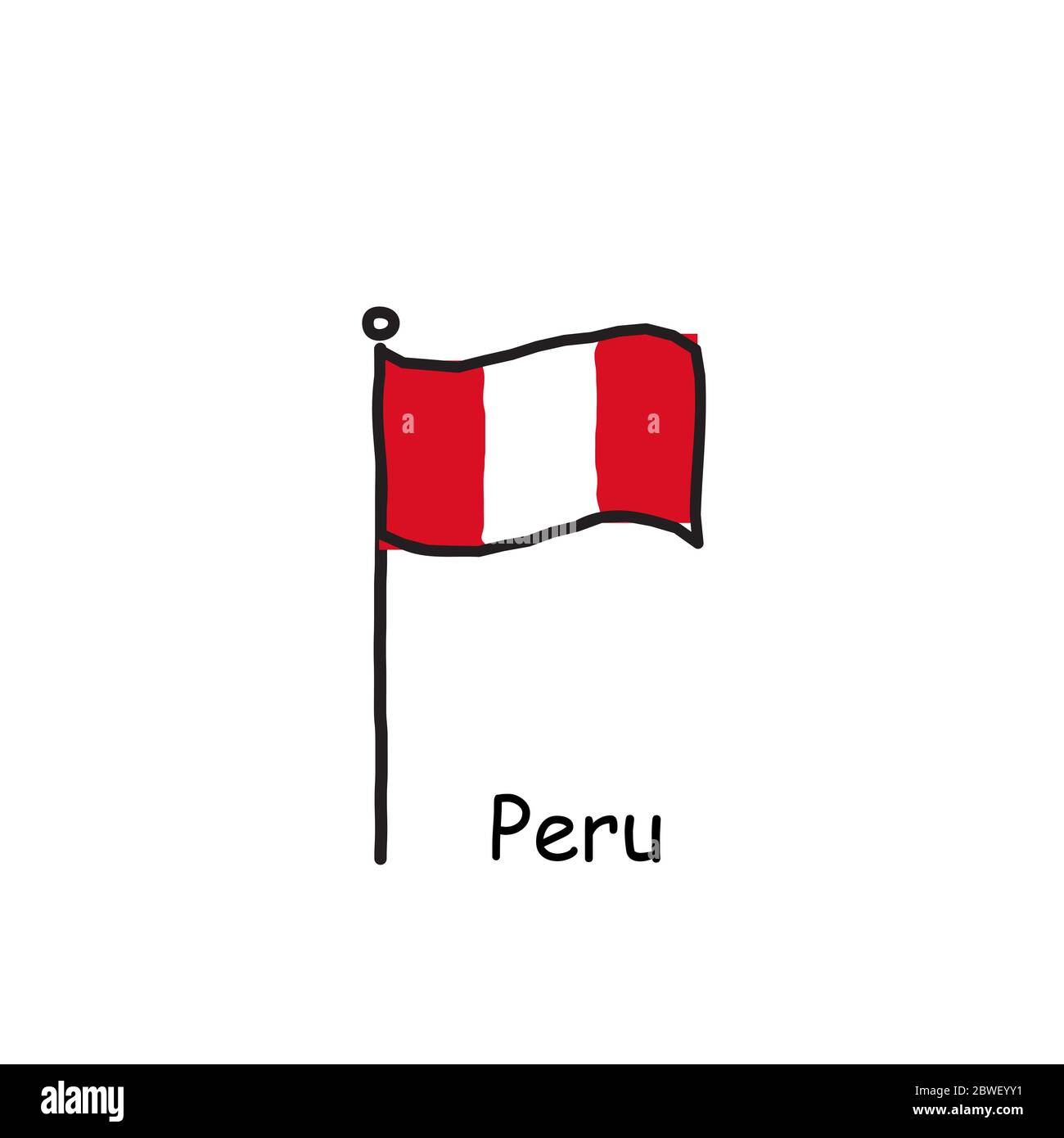 Handgezeichnet skizzenhafte Peru-Flagge auf dem Fahnenmast. Dreifarbige Flagge. Stock Vektor Illustration isoliert auf weißem Hintergrund. Stock Vektor