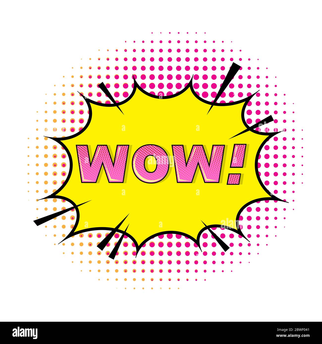 WOW-Schriftzug. Comics Buch Hintergrund. Buntes Halftonmuster. Cartoon Sprechblase. Gepunktete Struktur Stock Vektor
