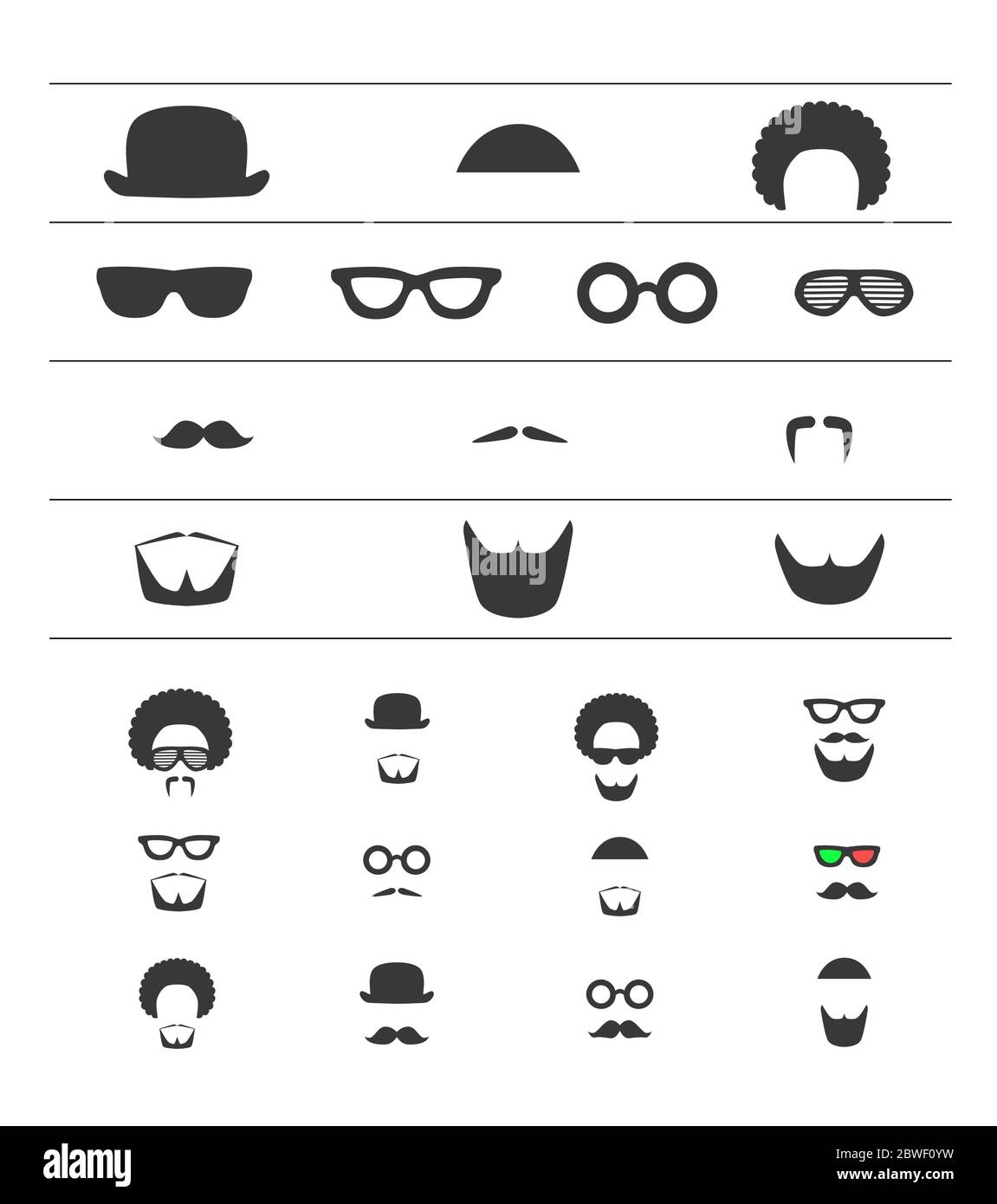 Barber Icon Flat Set. Schnurrbart, Bart, Brille, Hut, Afro-Haar-Symbole. Hipster-Style, Herrenmode. Vektor illustrierte Maskensammlung. Männer Stock Vektor