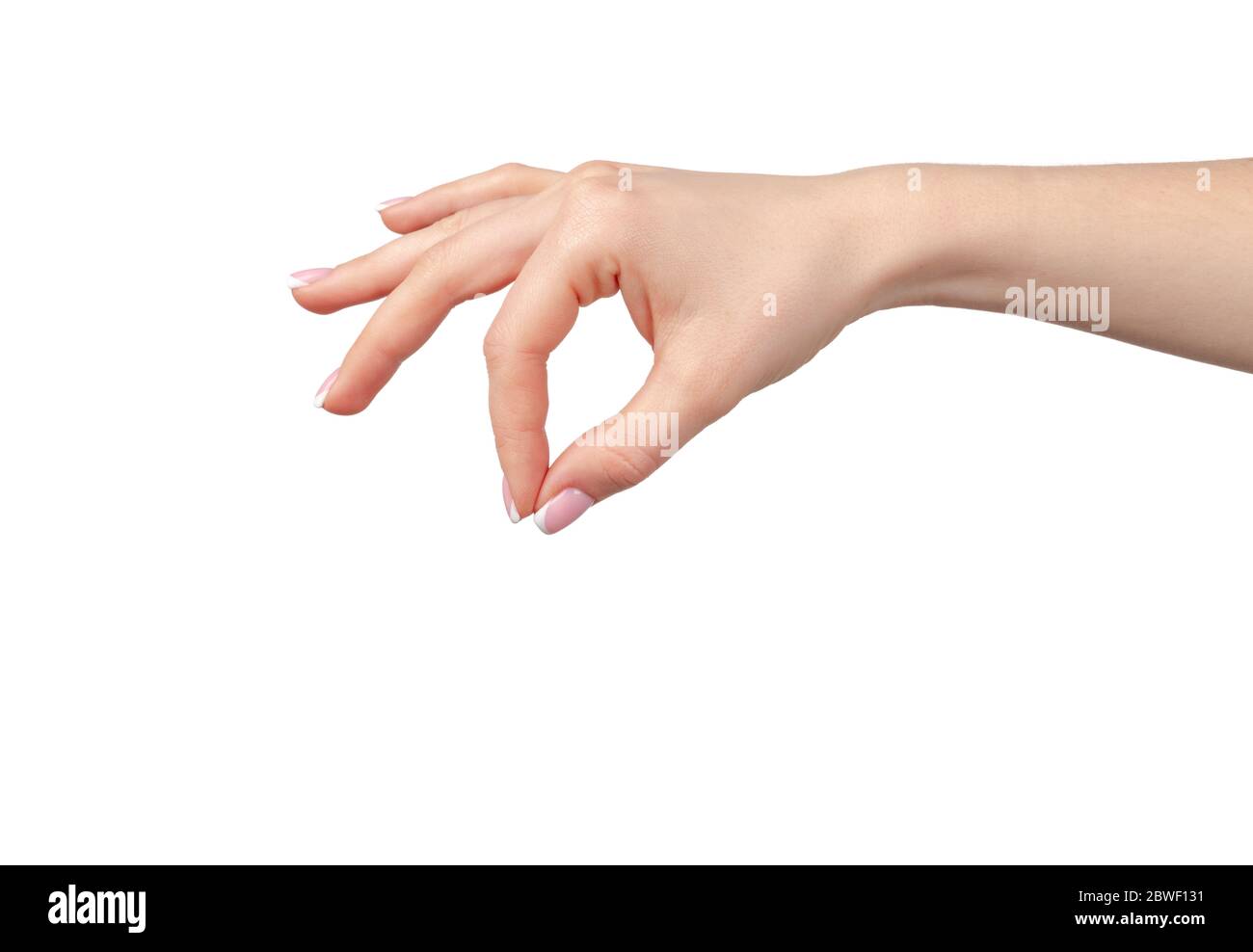Weibliche Hand hält etwas isoliert auf weißem Hintergrund Stockfoto