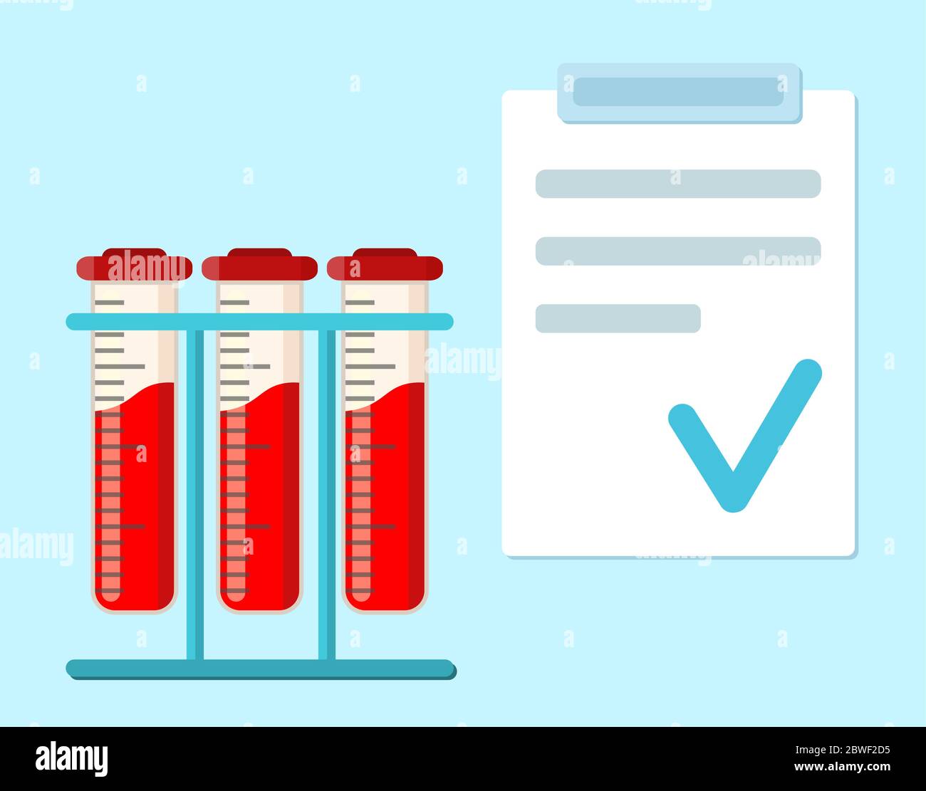 Medizinischer Bluttest. Ein medizinischer Schlauch mit einem guten Analyseergebnis. Vektorgrafik, flacher Stil. Isoliert auf weißem Hintergrund. Stock Vektor