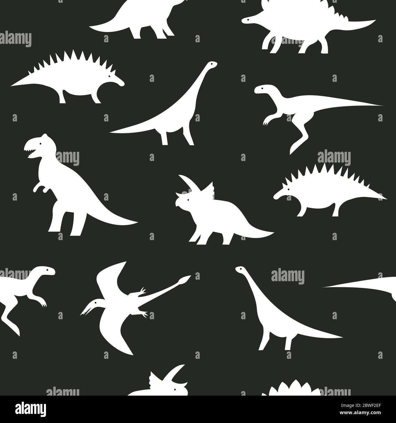 Nahtloses Schwarz-Weiß-Dino-Muster. Dinosaurier Silhouetten auf schwarzem Hintergrund für Textil-, Druck-, Stoff- oder Papierverpackung Stock Vektor