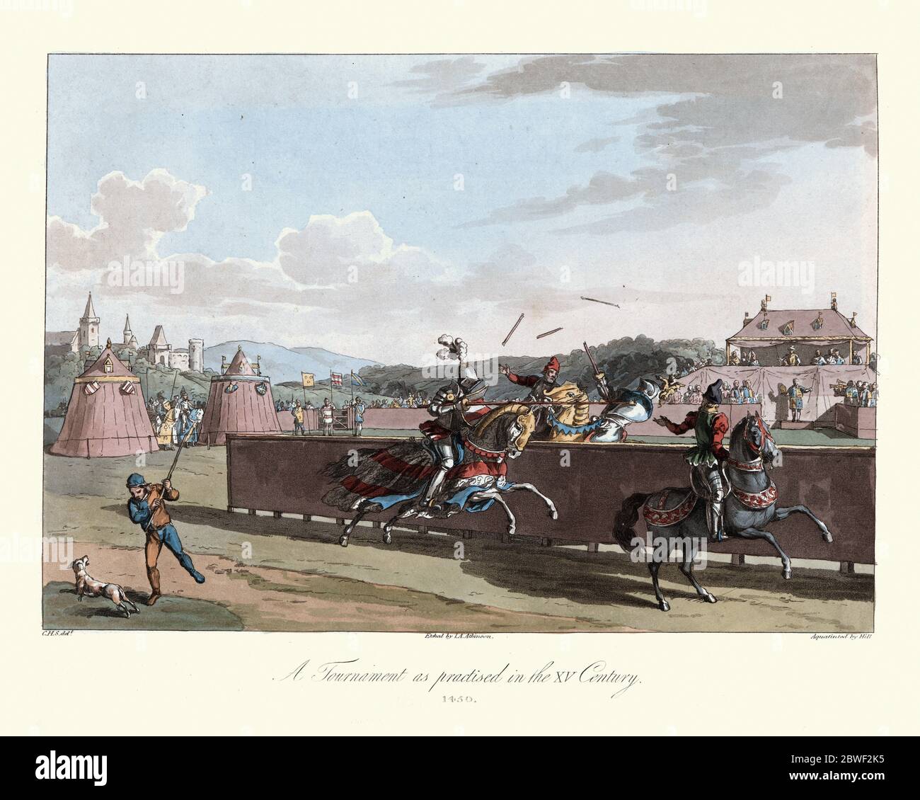 Mittelalterliches Turnier, Ritter, Schiedsrichter zu Pferd, der den Treffer beurteilt, während Platz einen Hund des Feldes jagt. 15. Jahrhundert Stockfoto