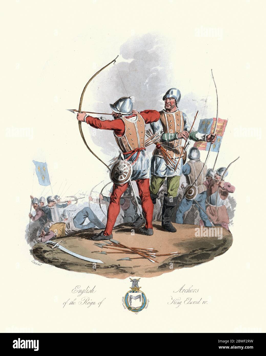 Mittelalterliche englische Bogenschützen aus der Regierungszeit von König Edward IV.. Kriege der Roses Ära Soldat schießen einen Bogen und Pfeil während einer Schlacht, 15. Jahrhundert Stockfoto