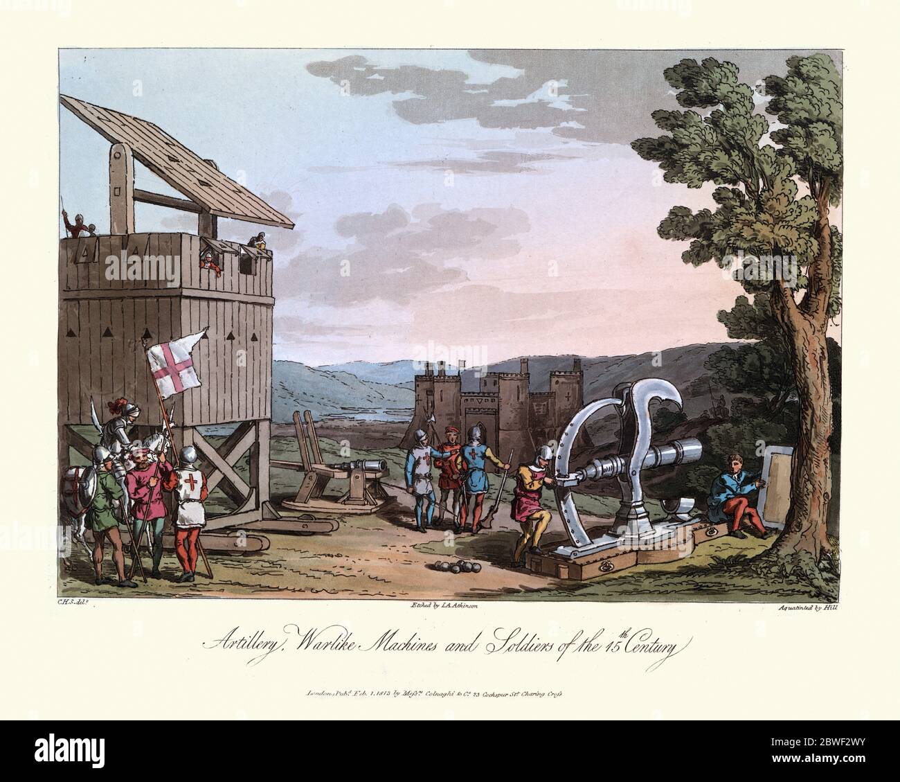 Mittelalterliche Kriegsmaschinen, frühe Kanonen und Belagerungsausrüstung, Artillerie und Soldaten, 15 Jahrhundert Stockfoto