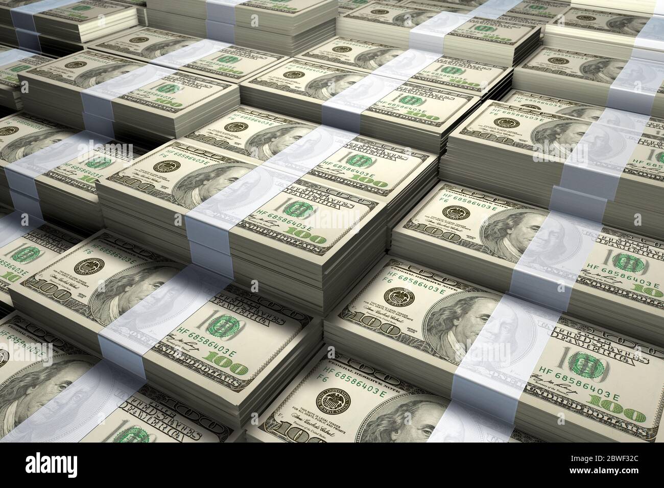 3D-Rendering eines großen Stapels von 100 US-Dollar-Rechnungen. Stockfoto