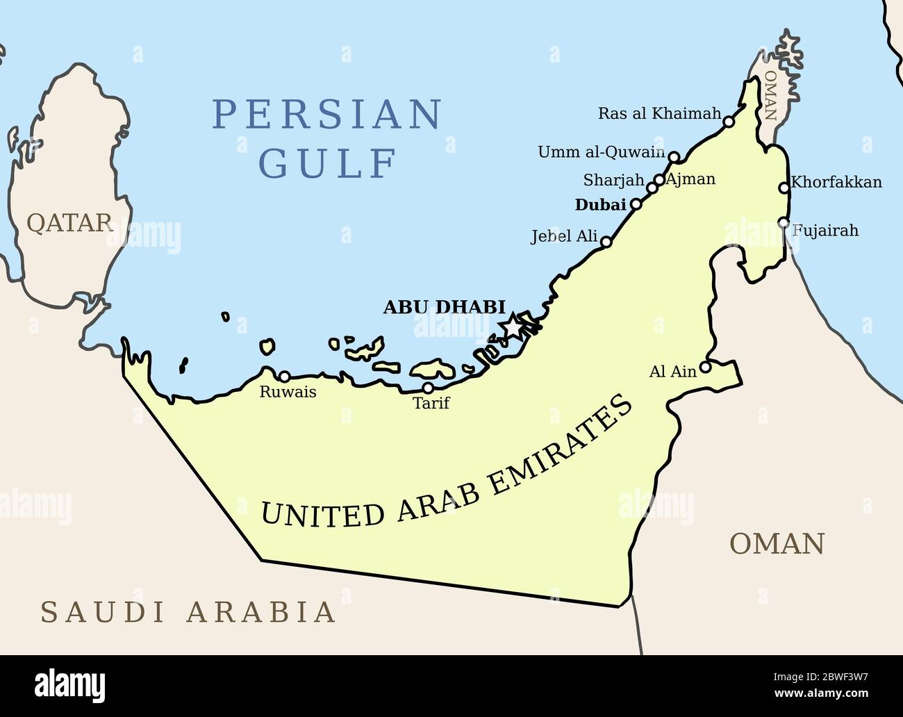 Karte der Vereinigten Arabischen Emirate (VAE). Gliederungsvektor Landeskarte mit Hauptstädten. Stock Vektor