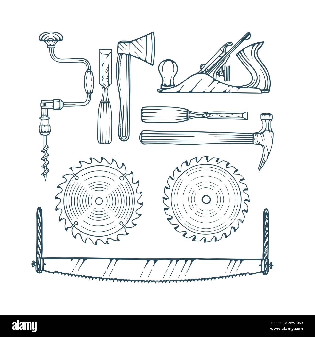 Tischlerwerkzeuge Vektor-Illustrationen Set: Handbohrer, Axt, Wagenheber, Hammer, Sägeblatt und Meißel. Teil der Sammlung von Werkzeugen für die Holzbearbeitung. Stock Vektor