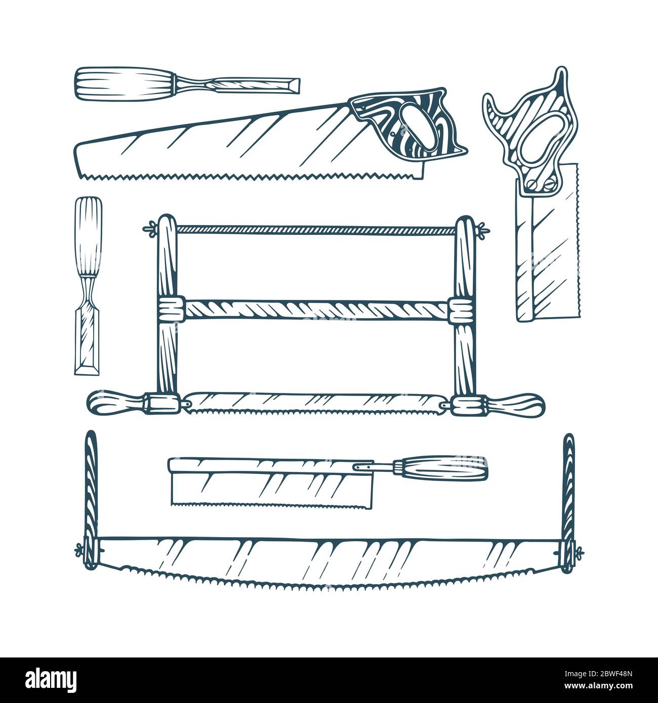 Tischlerwerkzeuge Vektor-Illustrationen Set: Verschiedene Handsägen und Meißel. Teil der Sammlung von Werkzeugen für die Holzbearbeitung. Stock Vektor