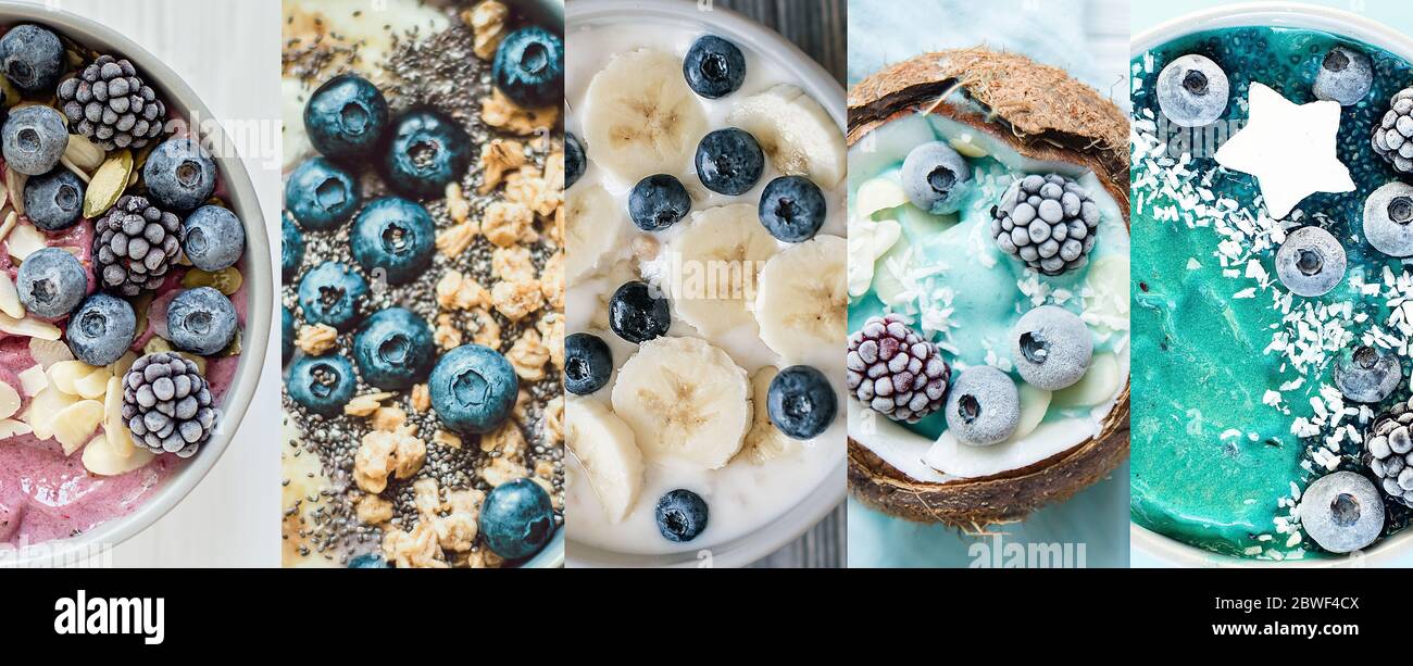 Collage aus verschiedenen Bildern von glätternden Schalen. Gesundes Frühstück Beeren Smoothie Schüssel mit Heidelbeeren Brombeeren, Kürbiskerne und Mandel gekrönt Stockfoto
