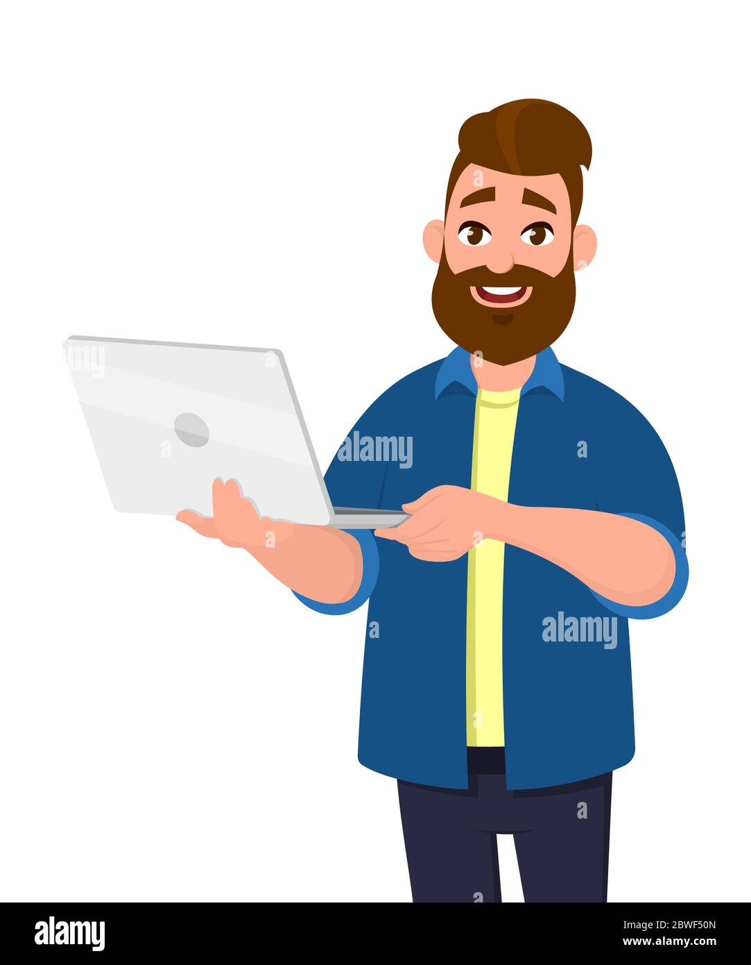 Junger schöner Mann, der Laptop hält und lächelnd im Stehen. Abbildung des Laptop-Computerkonzepts. Vektor-Illustration im Cartoon-Stil. Stock Vektor