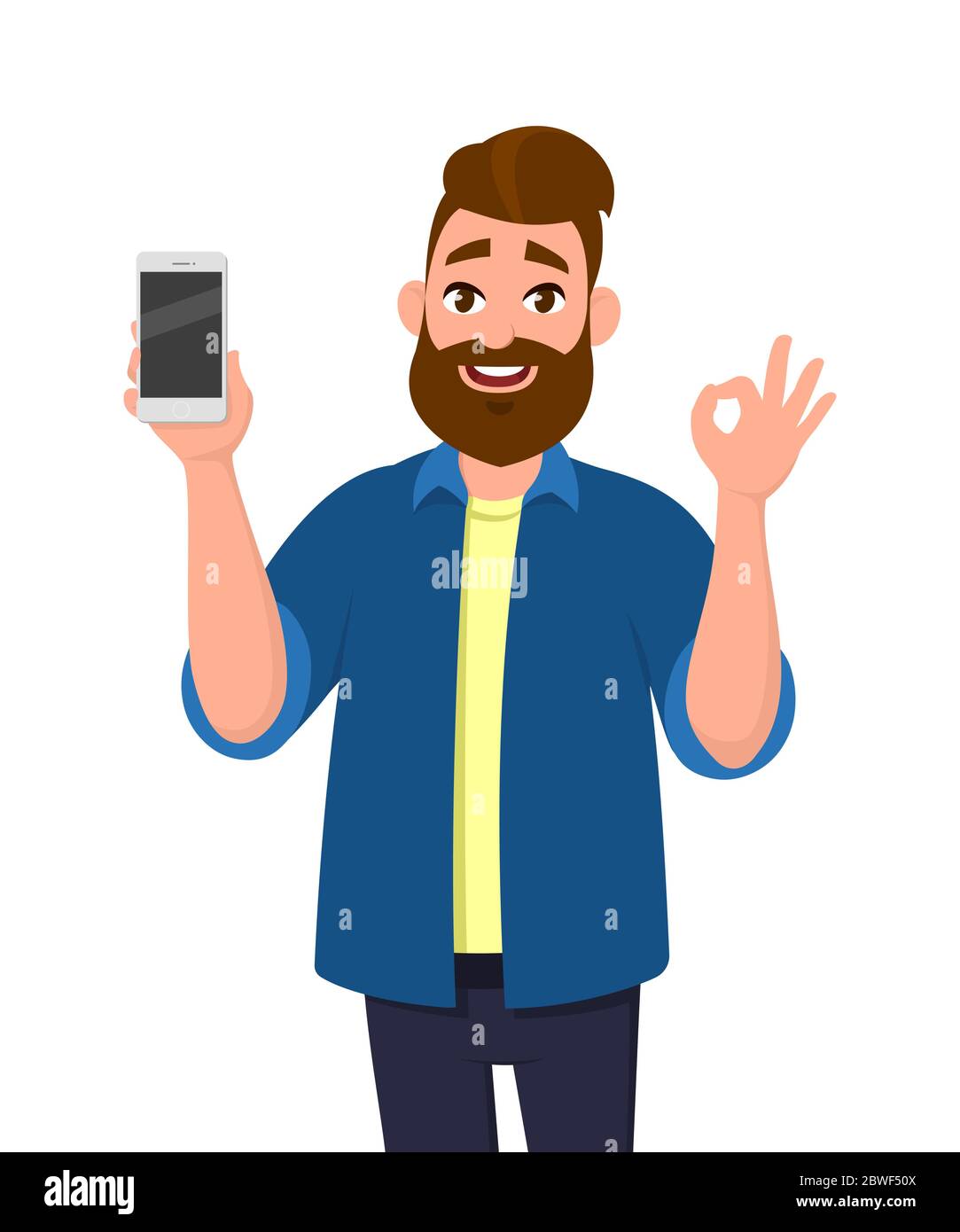 Glücklicher junger Mann zeigt Smartphone und zeigt OK, OK oder O-Zeichen. Technologiekonzept für Mobiltelefone. Vektor-Illustration im Cartoon-Stil. Stock Vektor