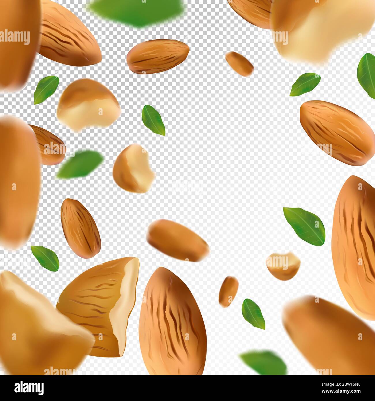 Mandelnüsse Hintergrund. Fliegende Mandel mit grünem Blatt auf transparentem Hintergrund. 3D realistische Nüsse. Mandel fällt aus verschiedenen Winkeln. Vektorgrafik Stock Vektor