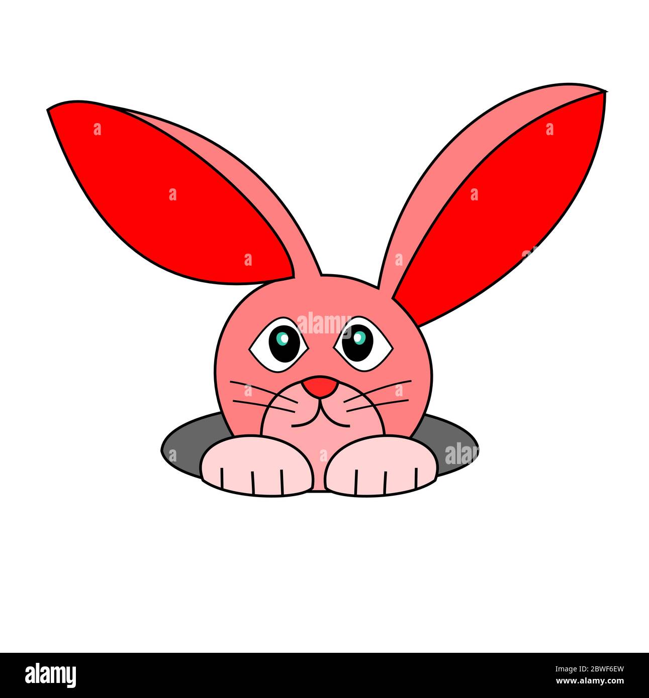 Rosa Farbe Kaninchen taucht aus dem Bau, Osterhase mit roten Ohren isoliert auf weißem Hintergrund Stock Vektor