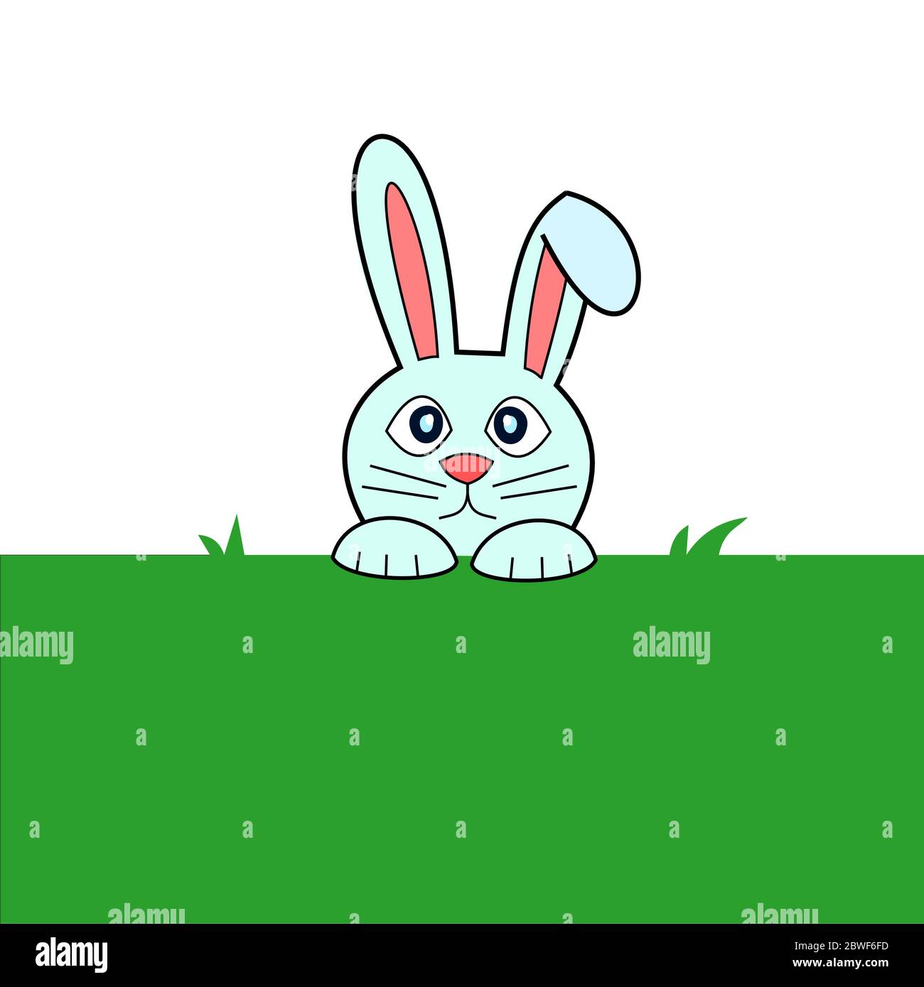 Blaues Kaninchen taucht aus dem Bau auf grünem Grasfeld auf, Osterhase mit roten Ohren auf weißem Hintergrund isoliert Stock Vektor