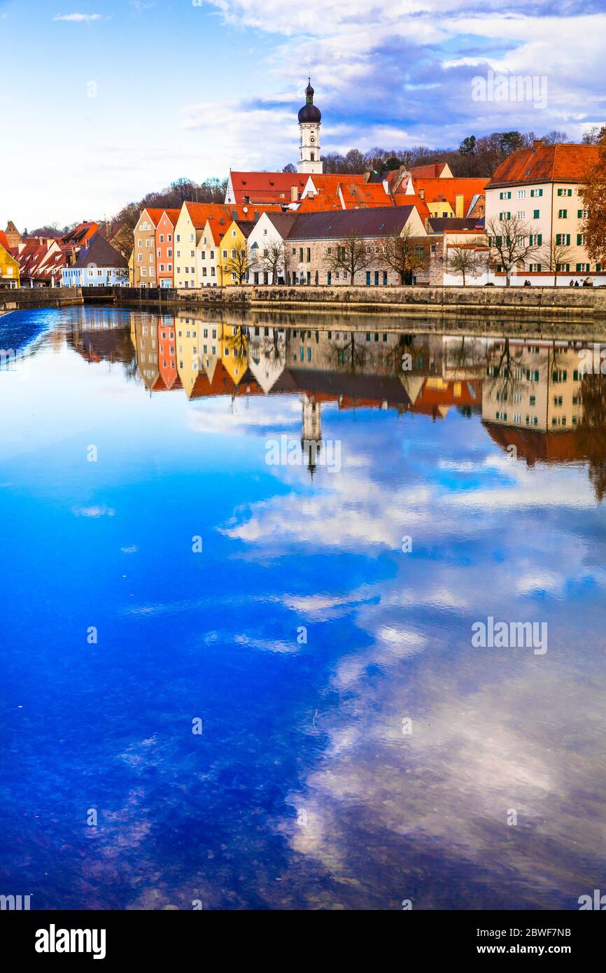 Reisen Sie in Bayern. Deutschland. Landsberg am Lech - wunderschöne Altstadt über dem Lech Stockfoto