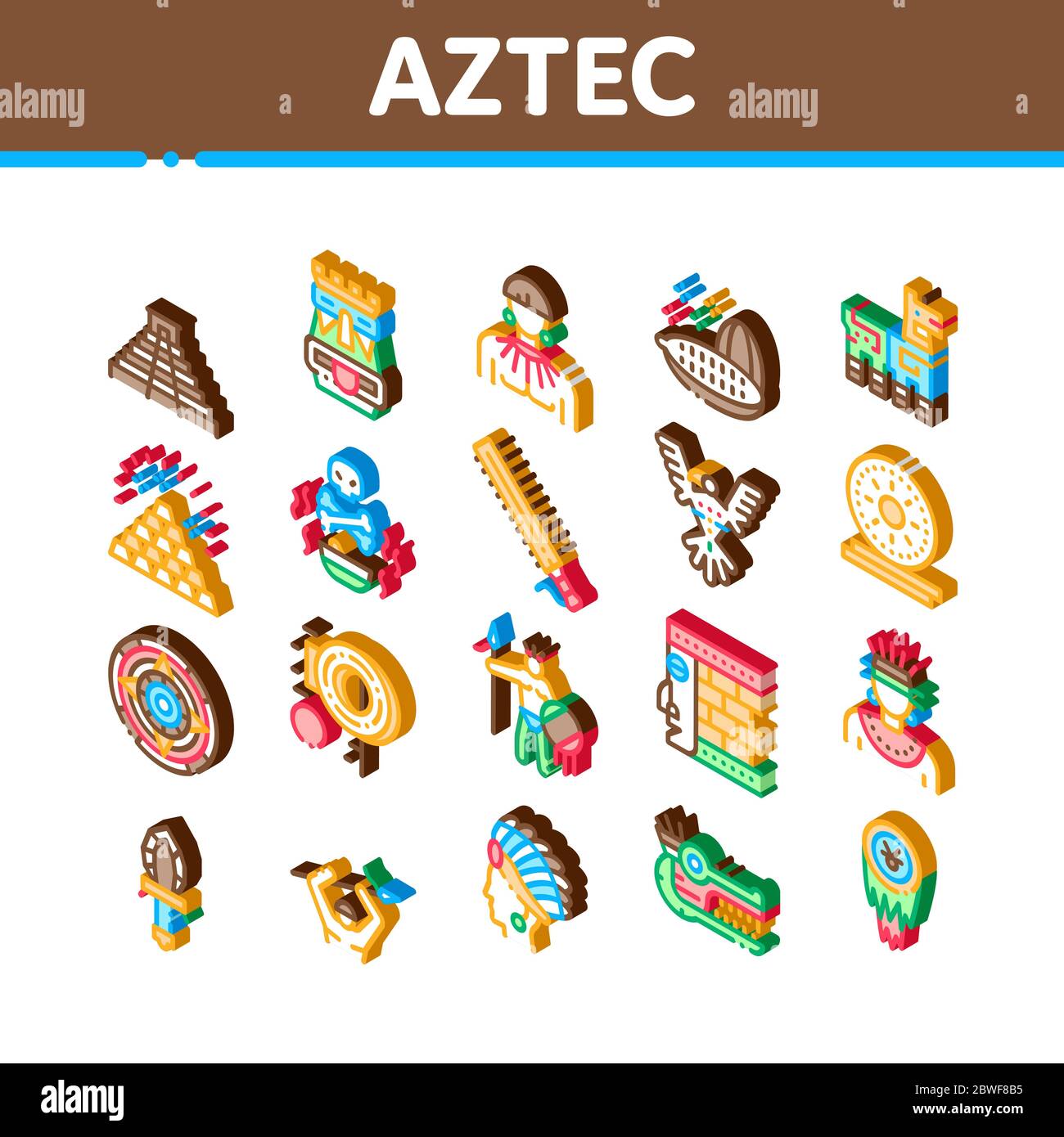 Azteken Zivilisation Isometrische Symbole Set Vektor Stock Vektor