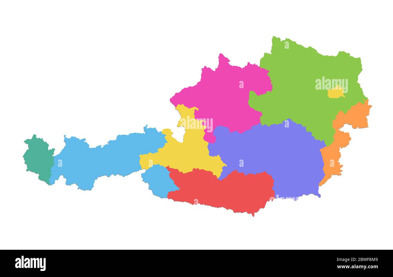Österreich Karte, Verwaltungsgliederung, einzelne Staaten mit Staatsnamen trennen, Farbkarte isoliert auf weißem Hintergrund leer Stockfoto
