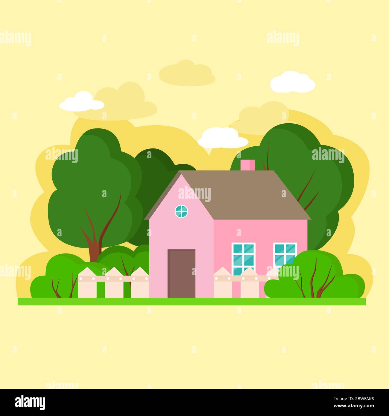 Einfaches flaches rosa Haus mit grünen Bäumen auf gelbem Hintergrund. Vektor Illustration des Stadtbildes.Cottage, moderne Architektur. Idee von Immobilien. Stock Vektor
