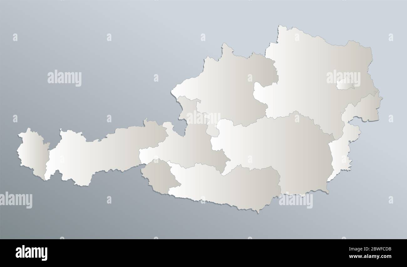 Österreich Karte, Verwaltungsabteilung mit Namen, blau weißes Kartenpapier 3D leer Stockfoto