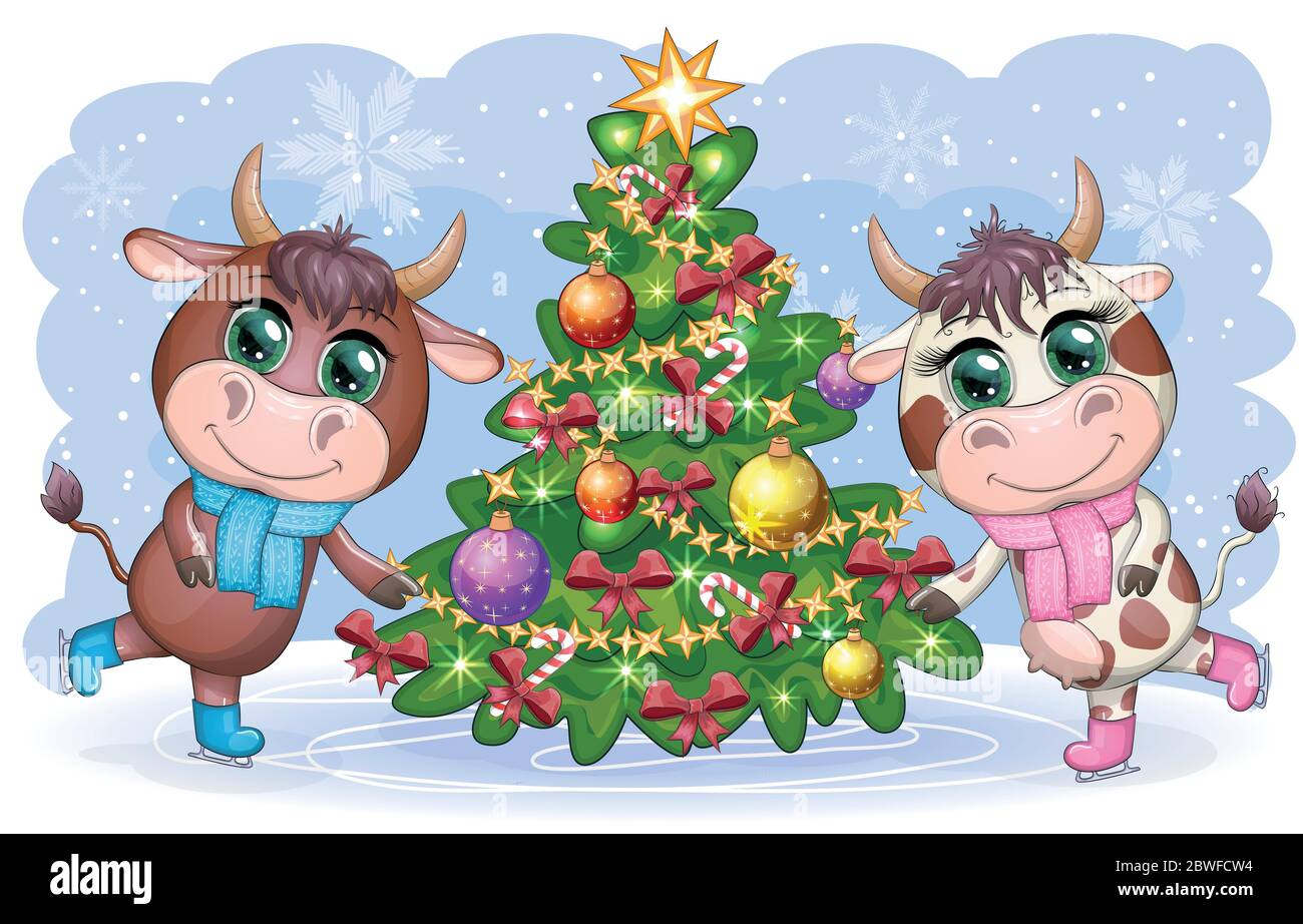 Frohe Weihnachten Lustige Kuh mit Geschenk auf Hintergrund Schnee