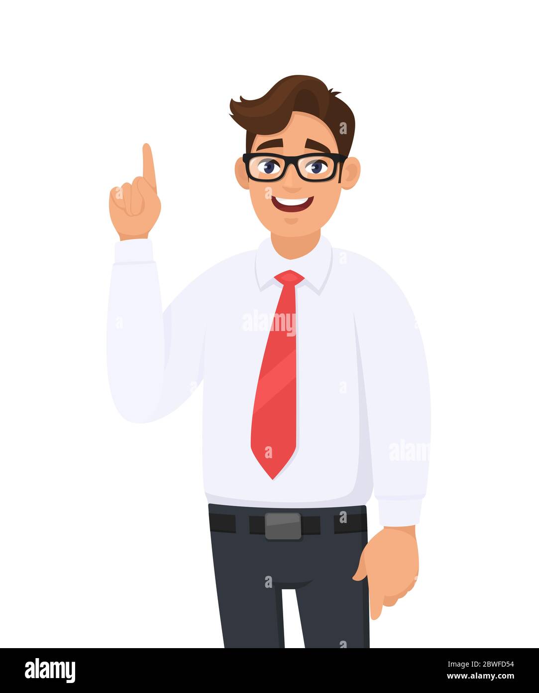 Porträt des erfolgreichen jungen Geschäftsmann Zeigen Hand Zeigefinger bis zu kopieren Raum, Werbung Produkt, etwas vorstellen. Konzept der menschlichen Emotion Stock Vektor