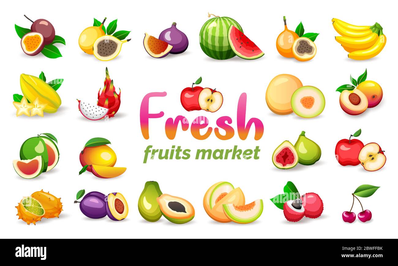 Set von verschiedenen exotischen Früchten isoliert auf weißem Hintergrund, flache Stil Vektor-Illustrationen. Vegetarisches Essen Stock Vektor